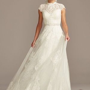 Embroidered Illusion Mock Neck Wedding Dress